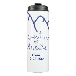 Adventure awaits blue mountain heart add name thermal tumbler