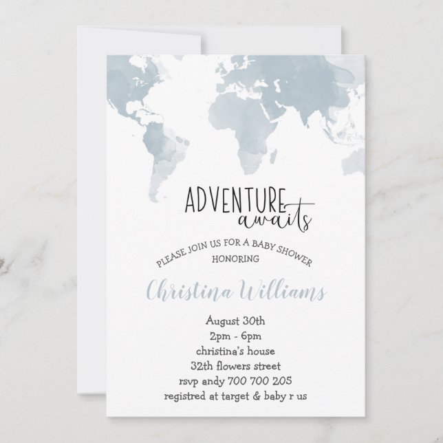 Adventure Awaits Blue World Map Boy Baby Shower Invitation (Front)