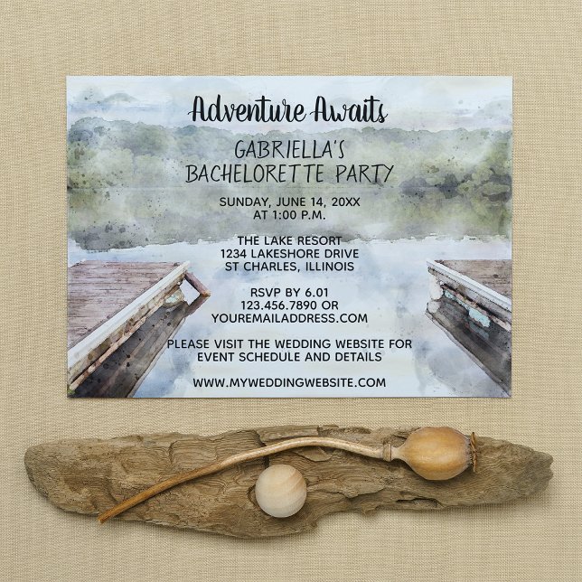 Adventure Awaits Boat Dock Lake Bachelorette Party Invitation (Creator Uploaded)