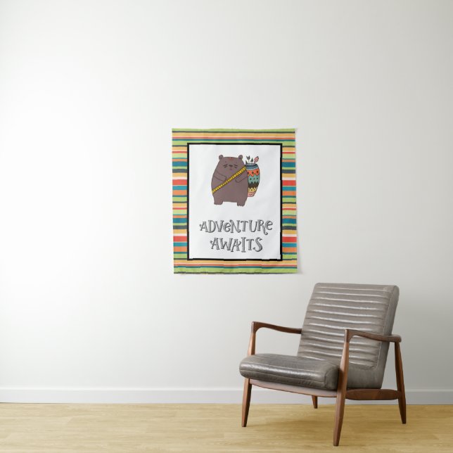 Adventure Awaits Boho Bear Nursery Art Tapestry (In Situ)