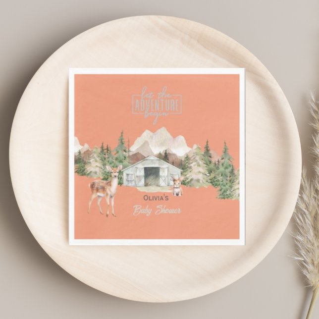 Adventure Awaits Burnt Orange Mountain Baby Shower Napkin (Creator Uploaded)