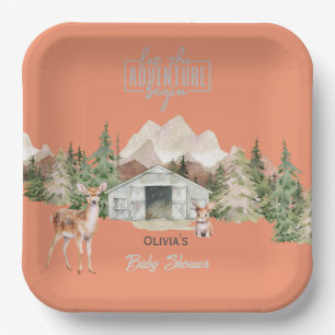 Adventure Awaits Burnt Orange Mountain Baby Shower Paper Plate