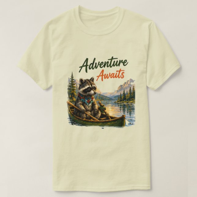 Adventure Awaits Camping Racoon  | Canoe Lake Nat T-Shirt (Design Front)
