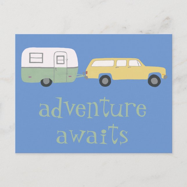 ADVENTURE AWAITS Camping Trailer RV Postcard (Front)