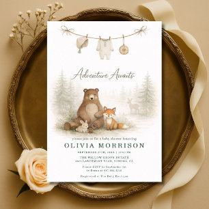 Adventure Awaits Clothesline Woodland Baby Shower Invitation