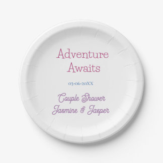 adventure awaits couple shower name date pink blue paper plate