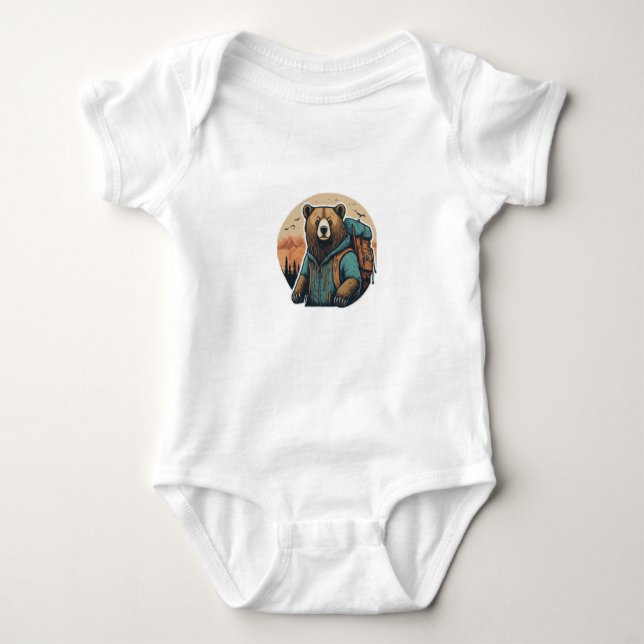 Adventure Awaits: Cute Bear Backpack T-Shirt Desig Baby Bodysuit (Front)