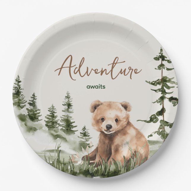 Adventure awaits cute forest bear baby shower paper plate (Front)