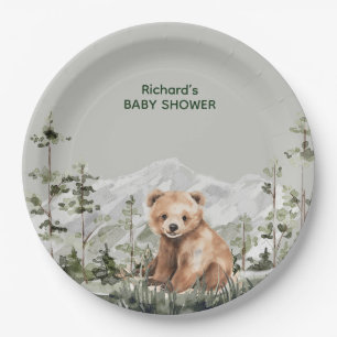 Adventure awaits cute forest bear baby shower paper plate