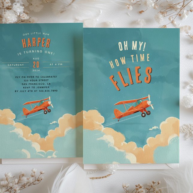 Adventure Awaits - Flying Aeroplane First Birthday Invitation (Creator Uploaded)