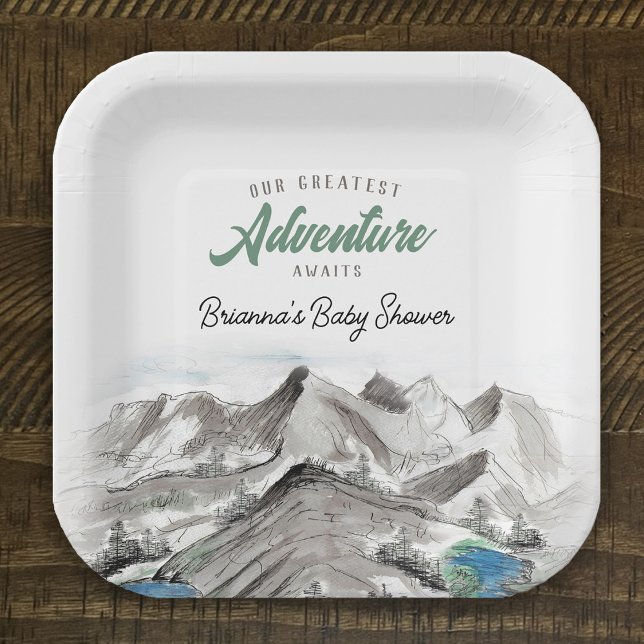 Adventure Awaits Forest Baby Shower Mountains Paper Plate (Creator Uploaded)