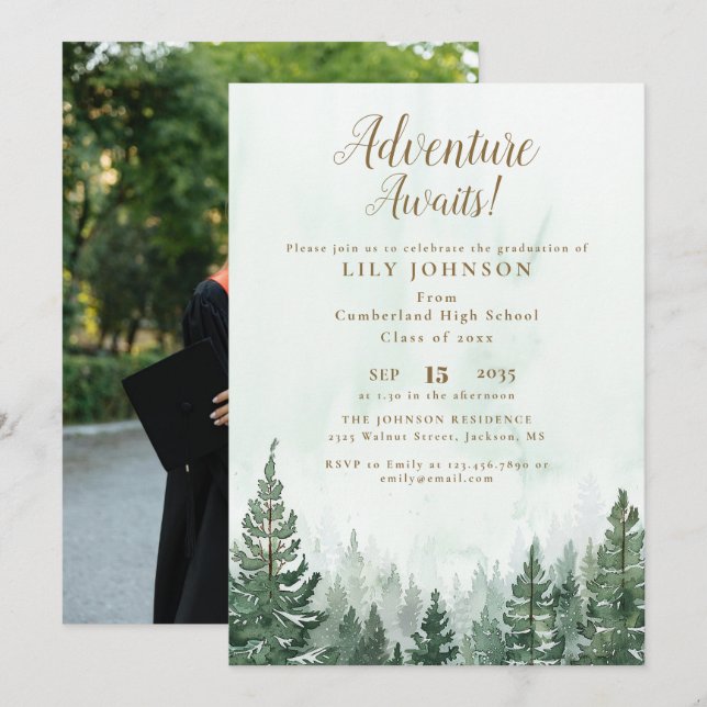 Adventure Awaits Forest Graduation Party Phot Invitation (Front/Back)