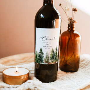 Adventure awaits forest rustic bridal shower wine label