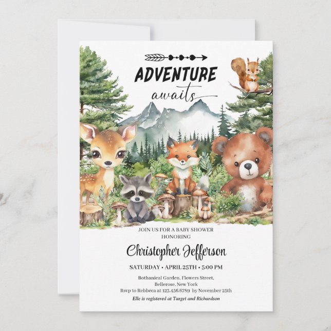 Adventure awaits Forest Woodland Animals Shower Invitation (Front)