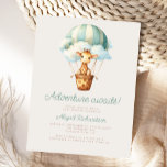 Adventure Awaits Giraffe Balloon Baby Shower Postcard<br><div class="desc">This cute baby shower invitation postcard features a sweet watercolor giraffe in a turquoise blue striped hot air balloon,  above the words "Adventure awaits!" in turquoise script. Personalise the text with the name of the mum-to-be in script and the details in sans serif font on a beige background.</div>