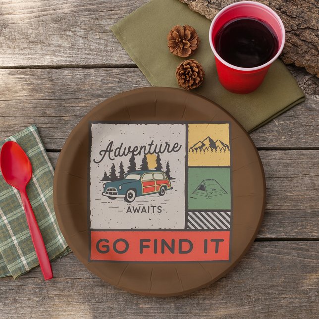 Adventure Awaits Go Find It Retro Camping Travel  Paper Plate (Creator Uploaded)