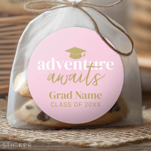 Adventure Awaits - Grad Name and Cap - Pink Gold Classic Round Sticker