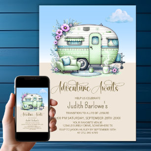 Adventure Awaits Green Caravan Retirement Party Invitation