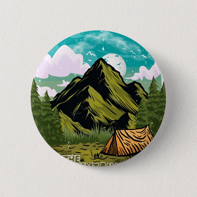 Adventure awaits, happy camper outdoor vacation 6 cm round badge (Front)