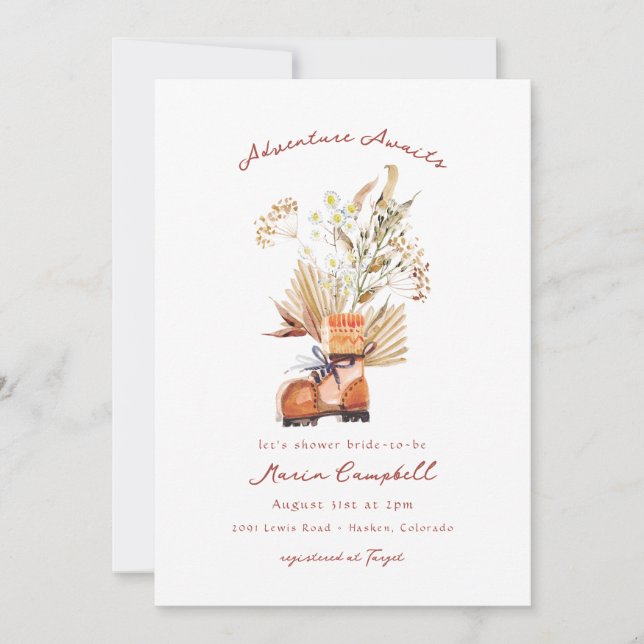 Adventure Awaits Hiking Flower Bridal Shower Invitation (Front)