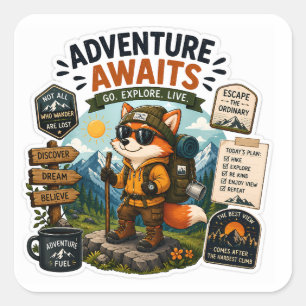Adventure Awaits – Hiking Fox Explorer Square Sticker