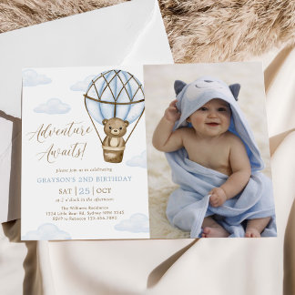 Adventure Awaits! Hot Air Balloon Birthday Photo Invitation