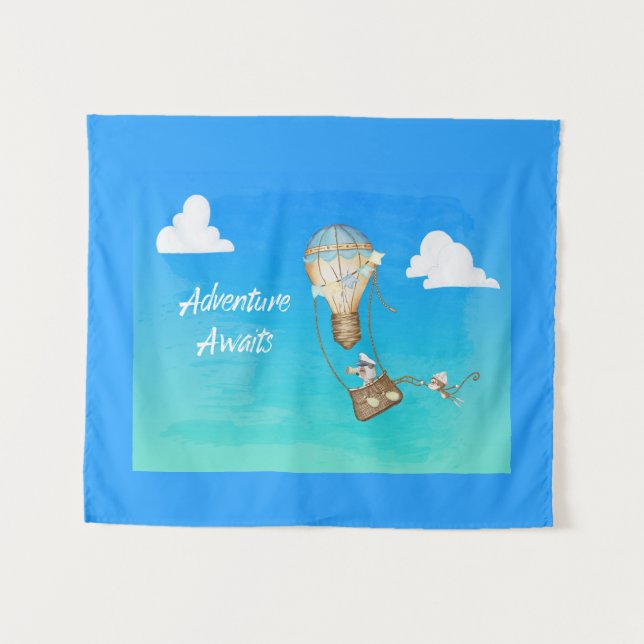 Adventure Awaits Hot Air Balloon Monkey Animals  Tapestry (Front (Horizontal))