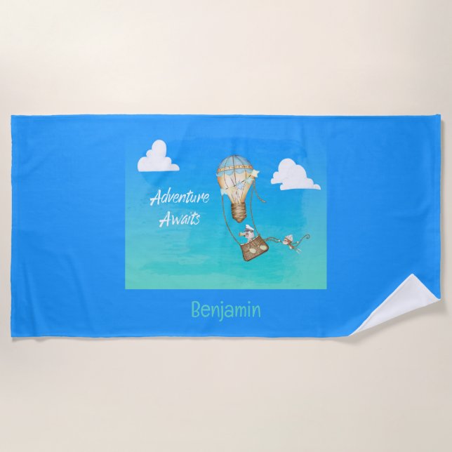 Adventure Awaits Hot Air Balloon Personalised Beach Towel (Front)