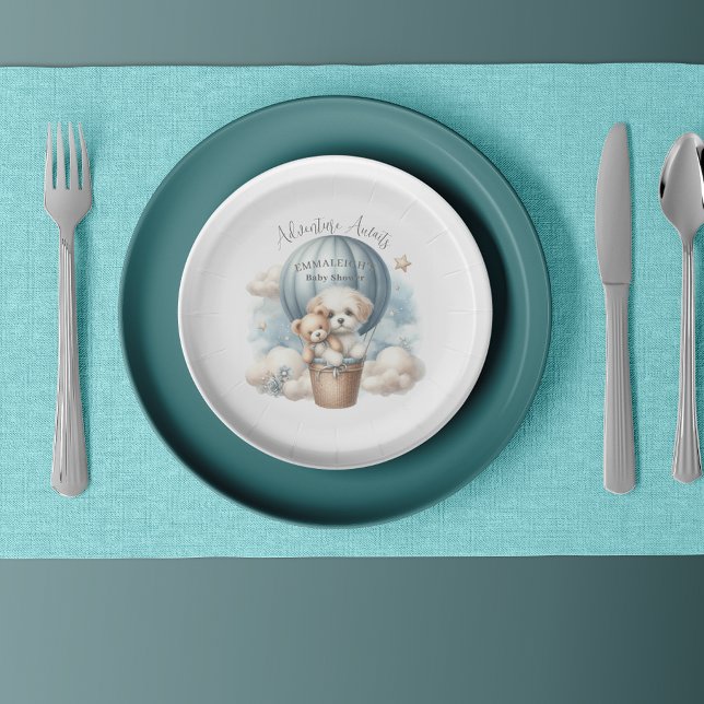 Adventure Awaits Hot Air Balloon Puppy Baby Shower Paper Plate (Creator Uploaded)