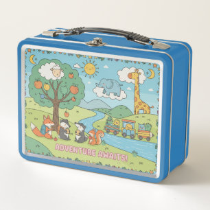 "adventure awaits' kid's fox, squirrel cute picnic metal lunch box