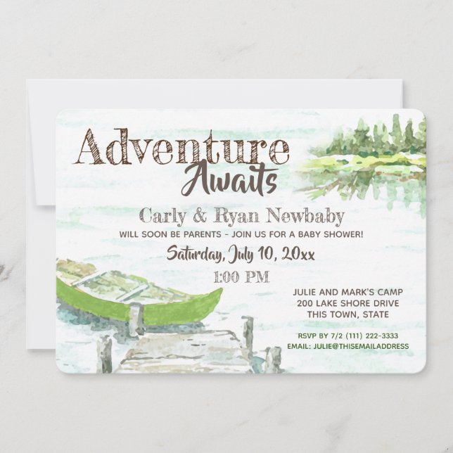 Adventure Awaits Lake and Canoe Baby Shower Invitation (Front)