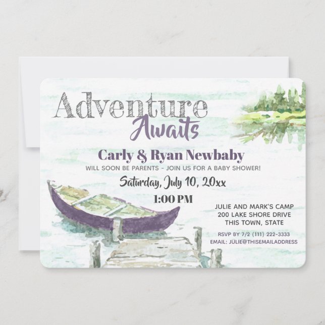 Adventure Awaits Lake and Purple Canoe Baby Shower Invitation (Front)