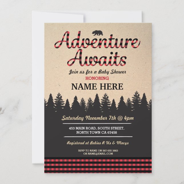 Adventure Awaits Lumberjack Baby Shower Red Invite (Front)
