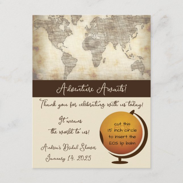 Adventure Awaits! Map Shower EOS Lip Balm Favour Enclosure Card (Front)