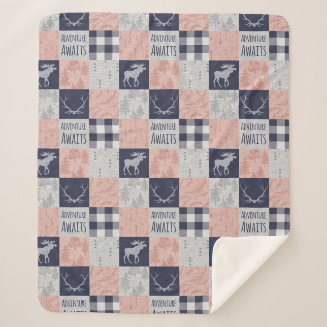 Adventure Awaits Minky/Sherpa Throw, Pink and Navy Sherpa Blanket (Front)