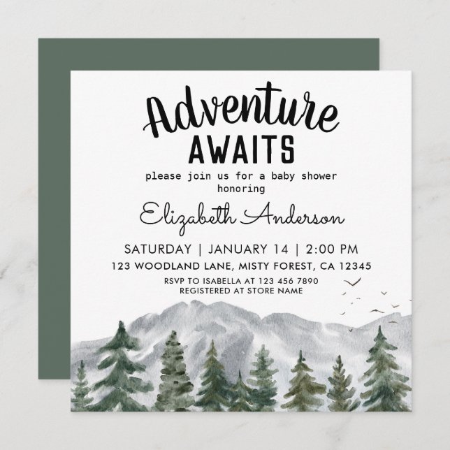 Adventure Awaits Misty Forest Boy Baby Shower  Invitation (Front/Back)