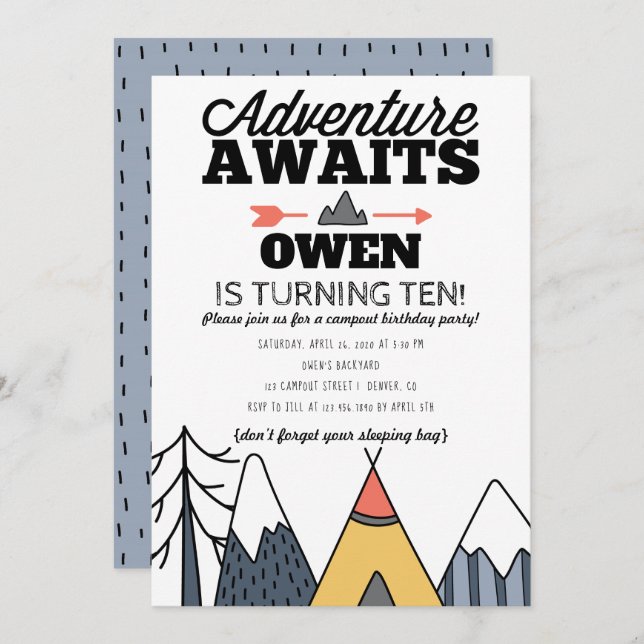 Adventure Awaits Modern Camp Out Birthday Party Invitation (Front/Back)
