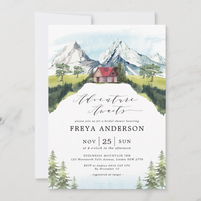 Adventure Awaits Mountain Forest Bridal Shower Invitation (Front)