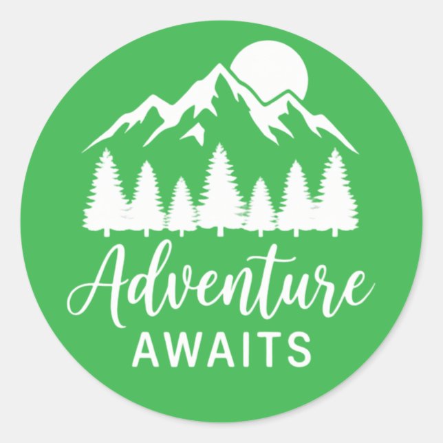 Adventure Awaits Mountain Forest Classic Round Sticker (Front)