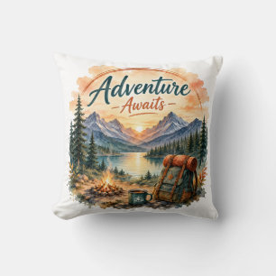 Adventure Awaits Mountain Lake Camping Sunset Cushion