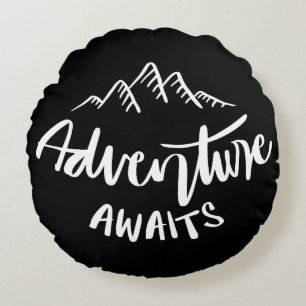 Adventure Awaits Mountain Quote Round Cushion