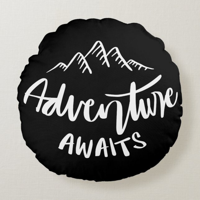 Adventure Awaits Mountain Quote Round Cushion (Front)
