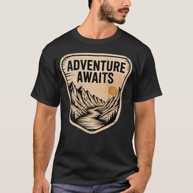 Adventure Awaits Mountain River Sunset T-Shirt (Front)