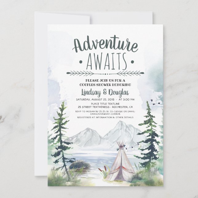 Adventure Awaits Mountains Camping Couples Shower Invitation (Front)
