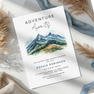 Adventure Awaits Mountains Forest Baby Shower Invitation