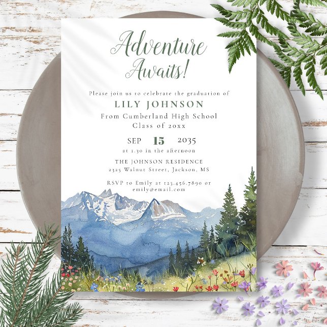Adventure Awaits Mountains Graduation Party Invitation (Adventure Awaits Mountains Graduation Party Invitation)
