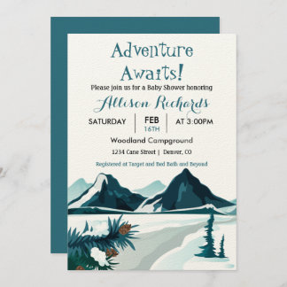 Adventure awaits mountains travel baby shower in invitation