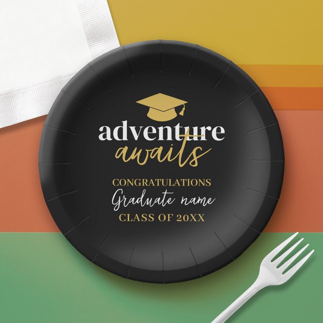Adventure Awaits - Name Cap Black Gold Graduation Paper Plate (Custom Graduation Paper Plate)