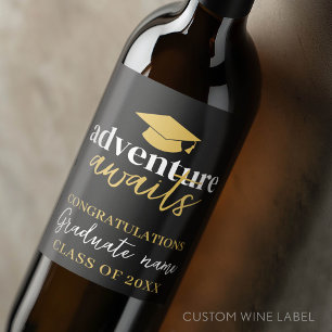 Adventure Awaits - Name Cap Black Gold Graduation Wine Label