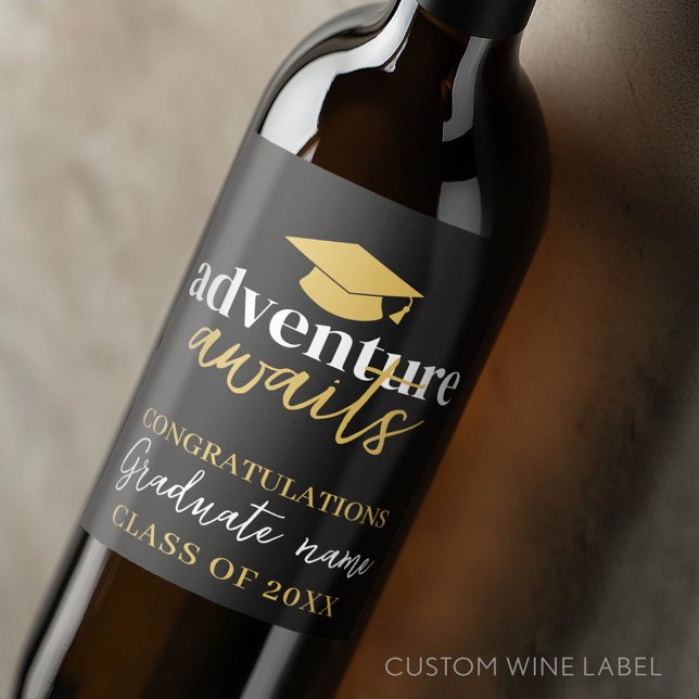 Adventure Awaits - Name Cap Black Gold Graduation Wine Label (Custom Graduation Wine Label - Celebrate the Graduate!)